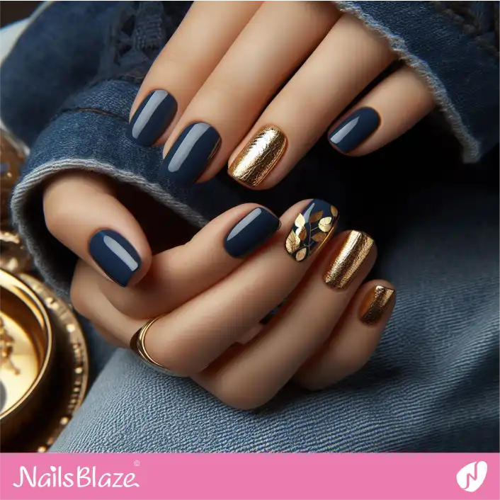 Gold Leaves on Navy Blue Nails | Foil Nails - NB4103